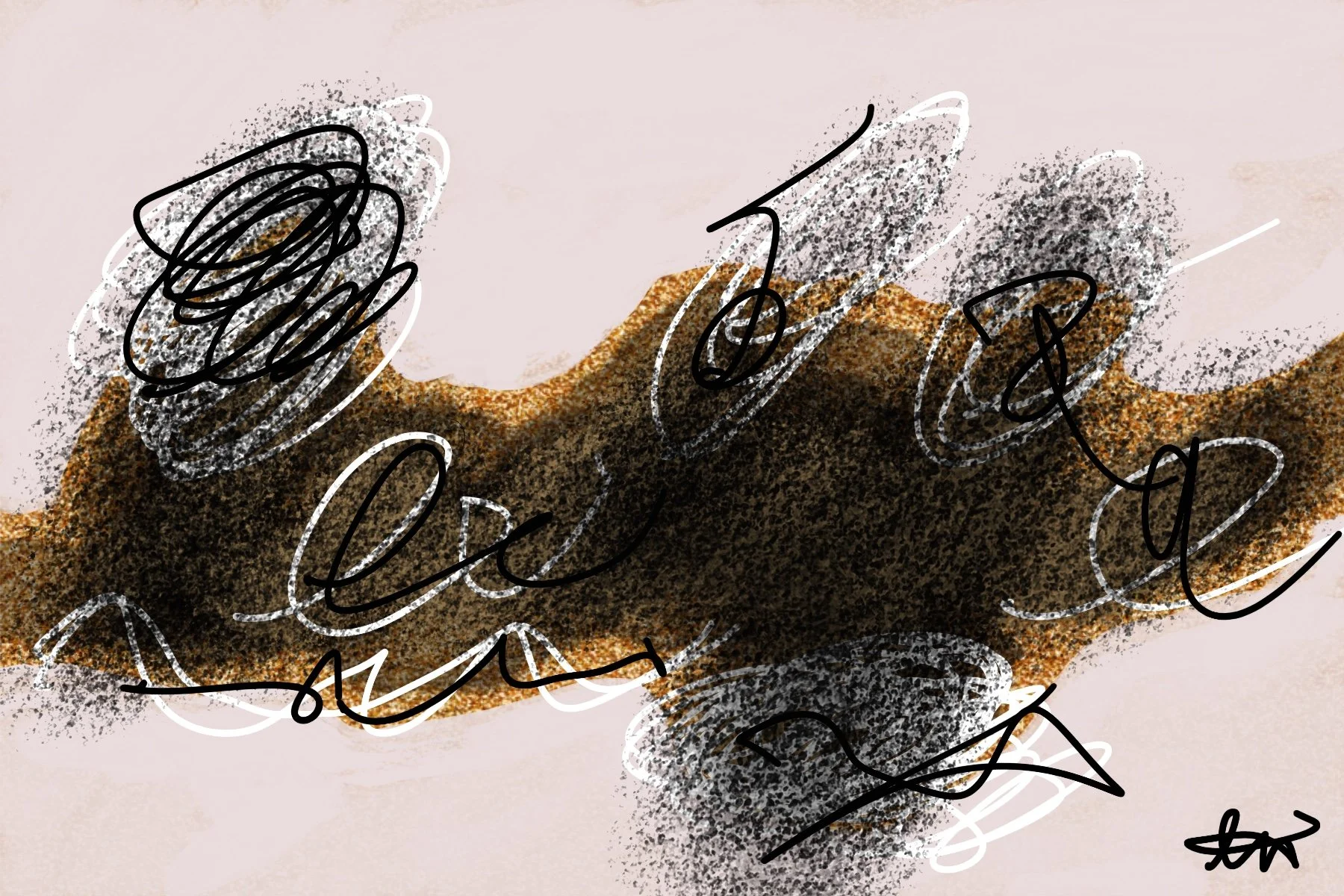 Digital expressive abstract painting uses thick black strokes, black and white lines, and gold inlay.