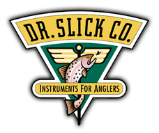 Logo for Dr. Slick Co., a company that produces instruments for anglers, featuring a fish, a winged emblem, and bold text.