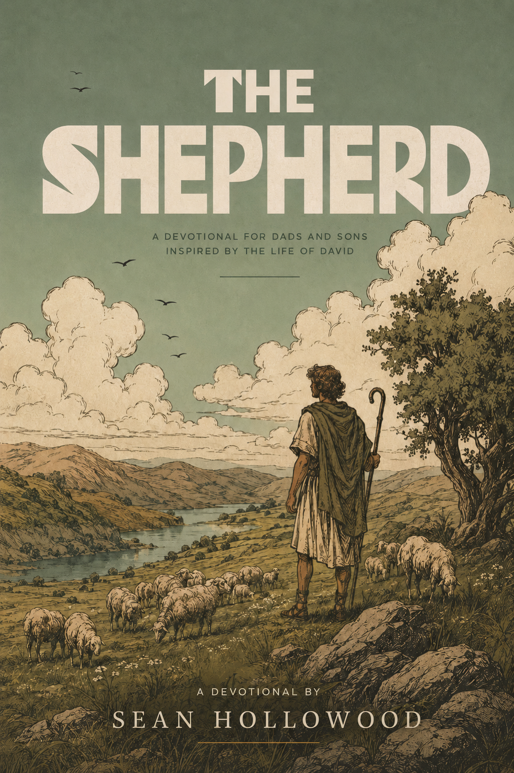 Book cover titled "The Shepherd Years" featuring an illustration of a man with a staff looking over a landscape with a river, hills, some sheep, clouds, and birds.