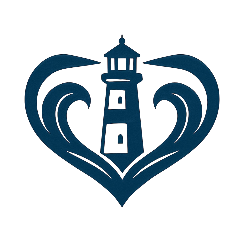 Lighthouse Point Support Services logo, it is a lighthouse with waves on either side forming a heart.