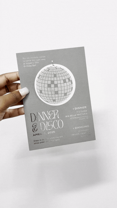 Dinner and Disco party theme invite with spinning disco ball
