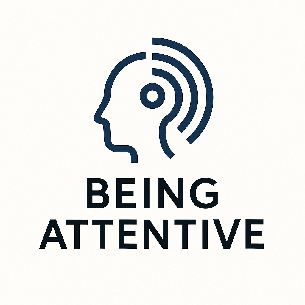 A stylized icon of a human head with sound waves, symbolizing attentiveness, above the text 'Being Attentive'.