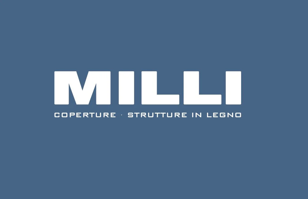 Logo di Milli con scritte "coperture strutture in legno" su sfondo blu.