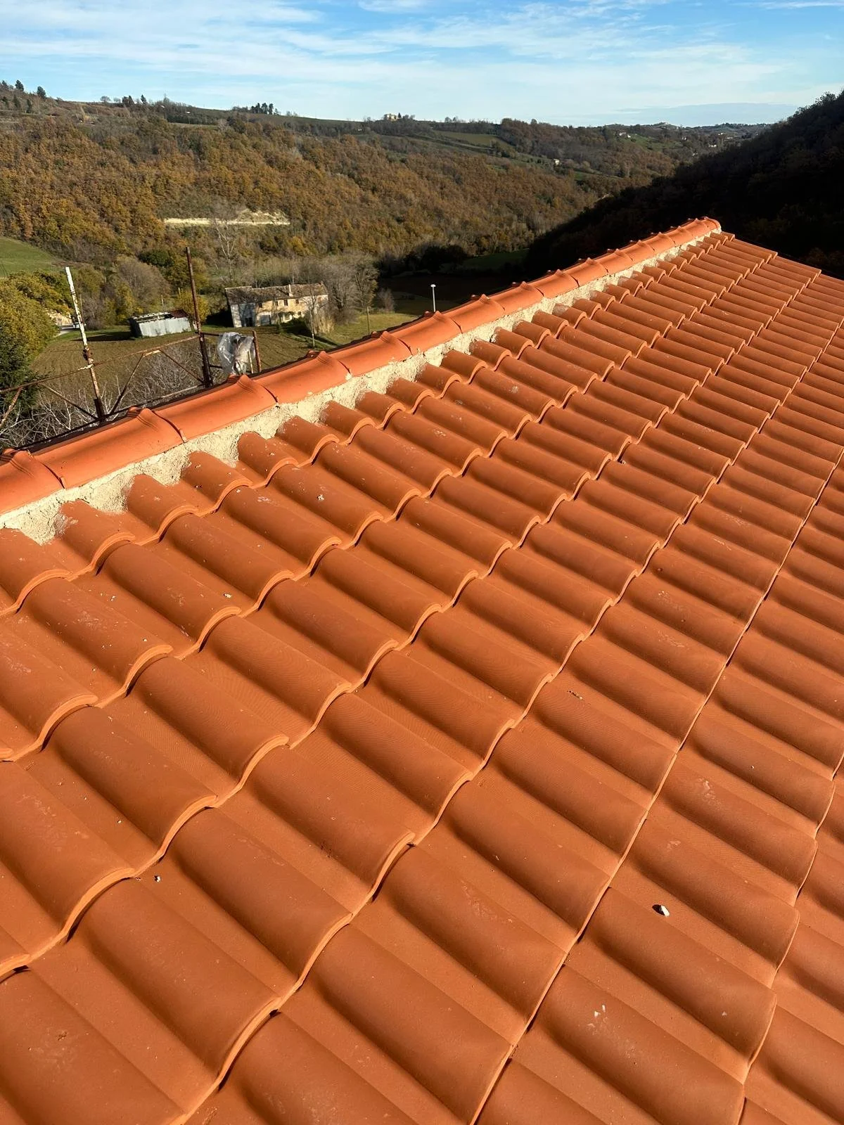 Tetto di tegole arancioni in una campagna collinare con foresta e cielo blu in background.