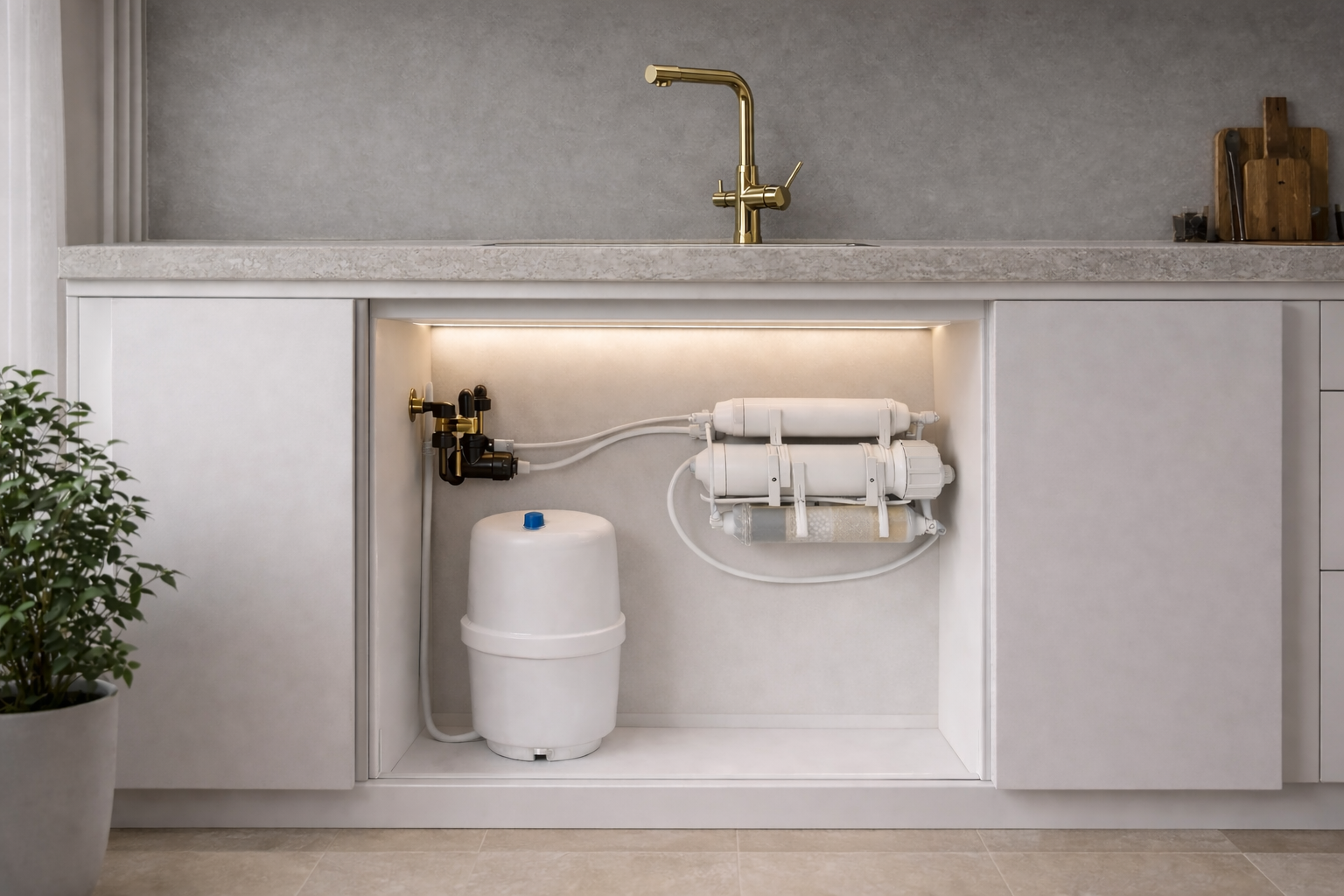 Under-sink reverse osmosis water filtration system installed in a modern kitchen with white cabinetry and a gray countertop.