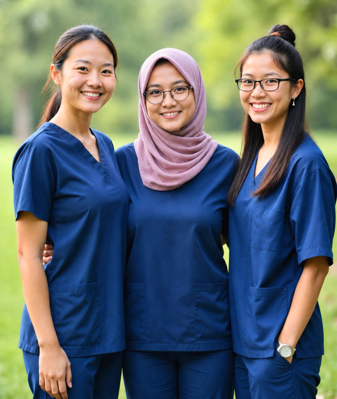 Three female healthcare workers in blue scrubs posing outdoors, smiling, with a green blurred natural background, one wearing a purple hijab and glasses, another with glasses and earrings, and the third with a watch.