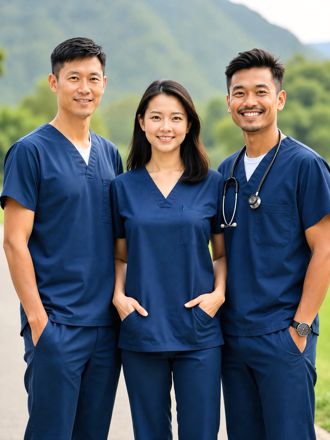 Group of three healthcare professionals outdoors, wearing navy blue scrubs, smiling at the camera, with a green, hilly landscape in the background.