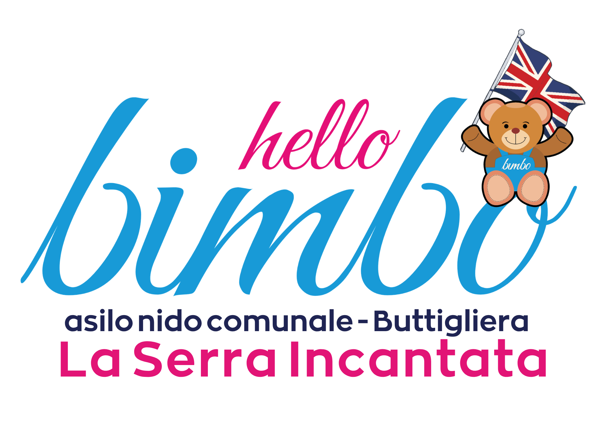 Testo con diversi stili di scrittura che dice 'Hello Birthday', con un peluche di orsetto che tiene una bandiera britannica, e la parola 'bumbo' sul vestito dell'orsetto.