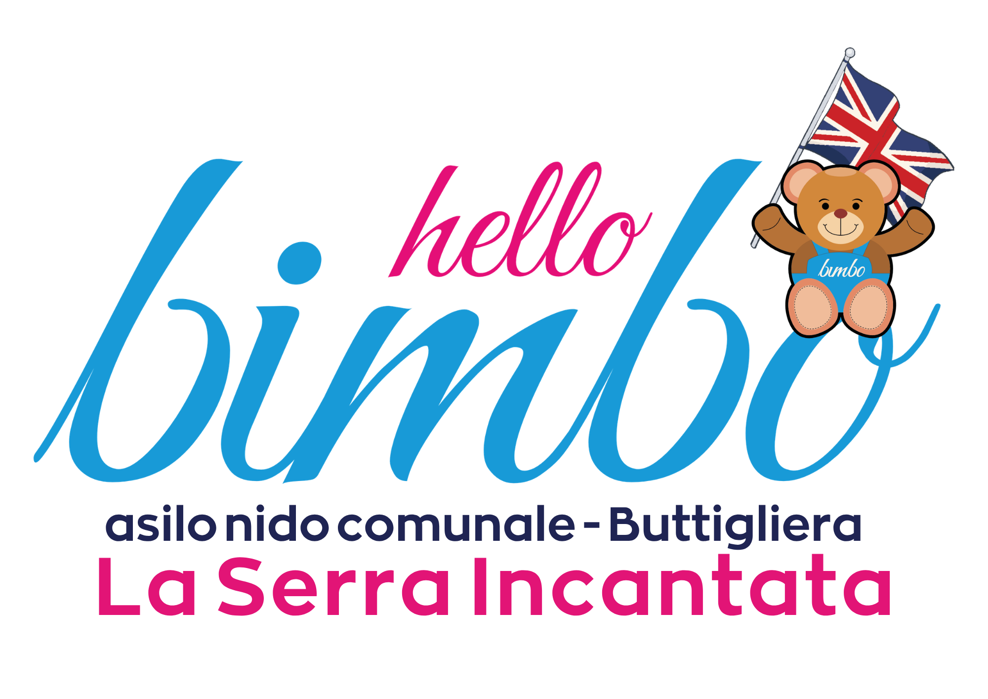 Il testo 'Hello' scritto in stili di colore diverso con un peluche di orsetto che tiene una bandiera Union Jack, con parole 'bumbo' e 'fantasy' in caratteri colorati.