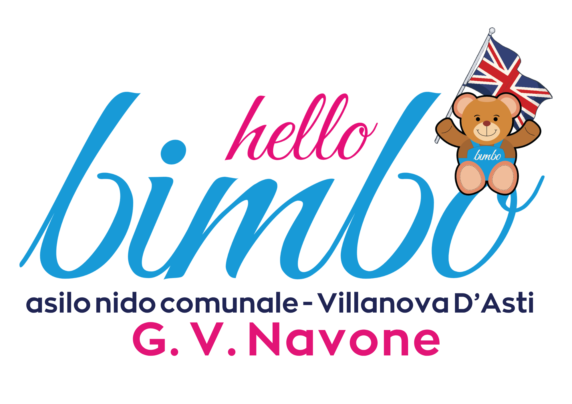 Un cartello con la scritta "Hello" in caratteri variopinti e un orsacchiotto di peluche che tiene una bandiera britannica.