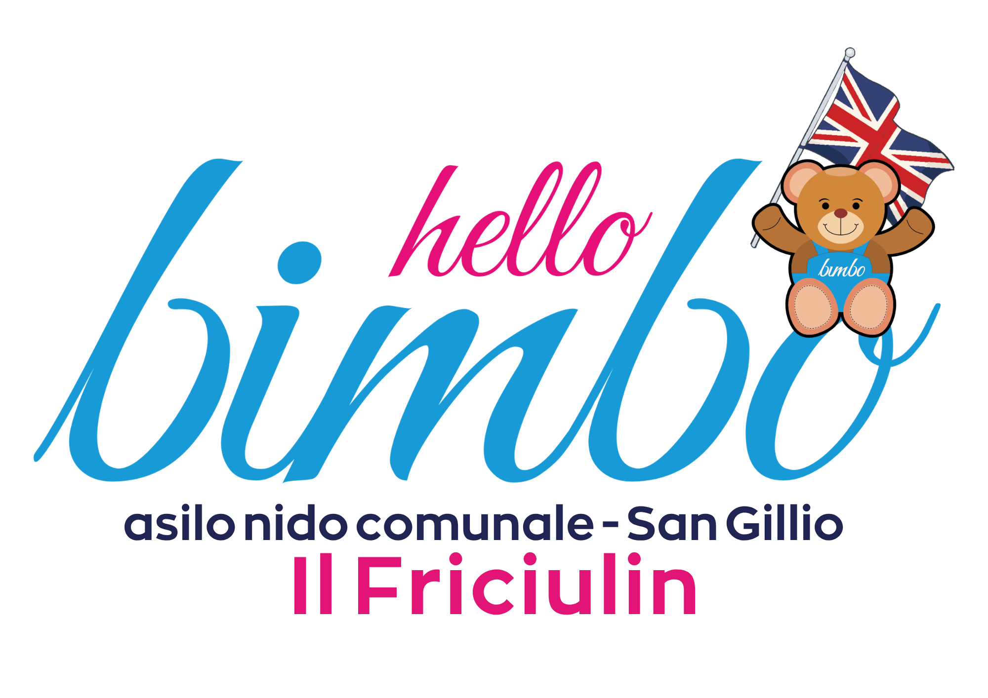 Grafica colorata con le parole 'hello friends' e una teddy bear con bandiera britannica.