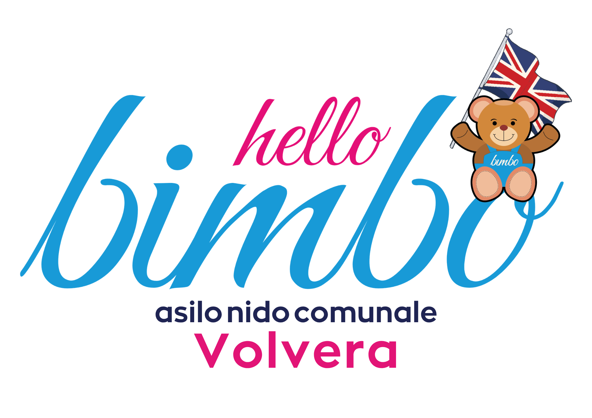 Design colorato con parole inglesi e italiane, tra cui 'hello' in rosa, 'ciao' in azzurro e un orsacchiotto di peluche che brandisce la bandiera del Regno Unito.