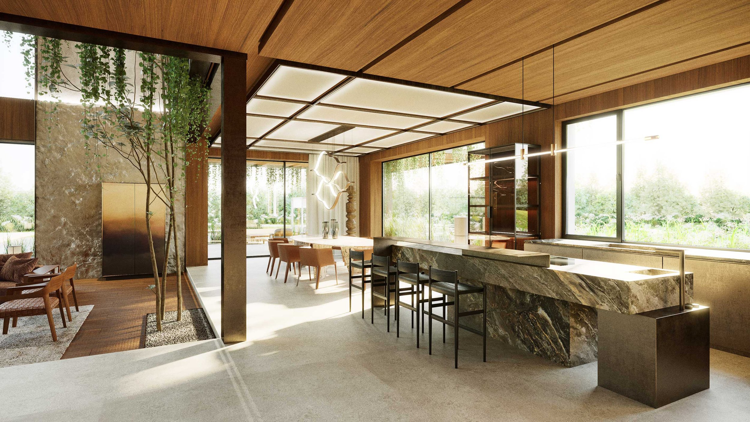 Modern kitchen and dining area with large windows, wooden ceiling, marble island, bar stools, and greenery outside.