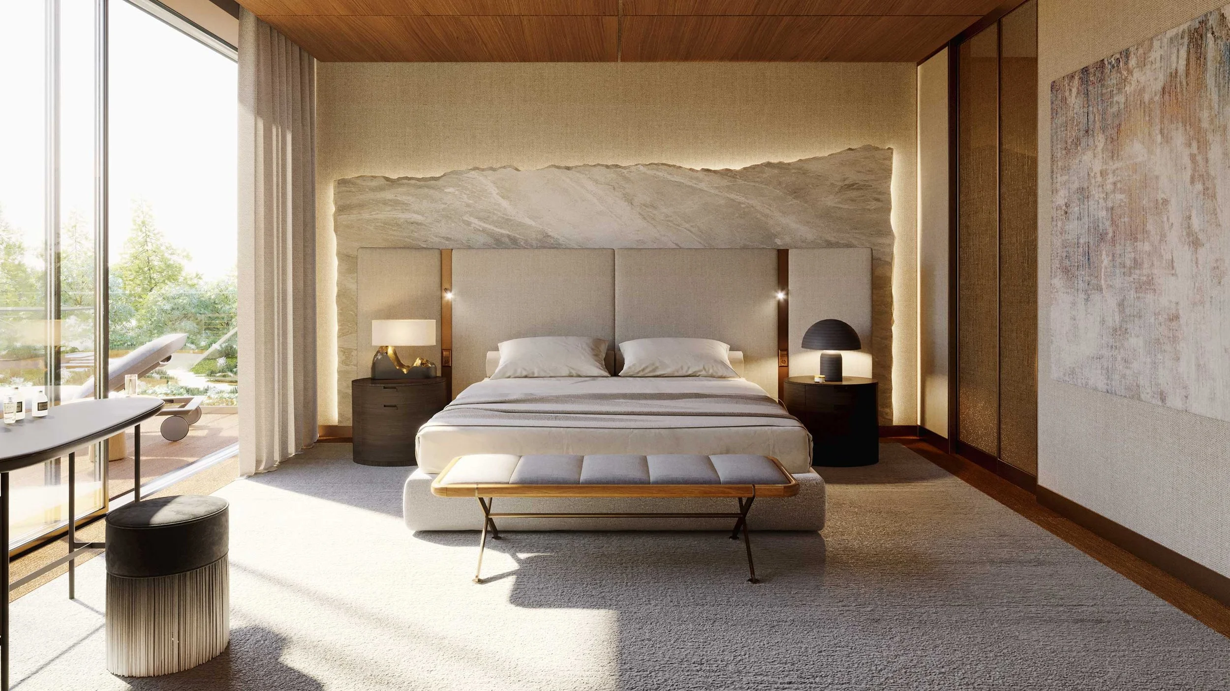 Modern hotel bedroom with large bed, beige headboard, bedside tables with lamps, sliding glass door leading to balcony, and abstract artwork on wall.