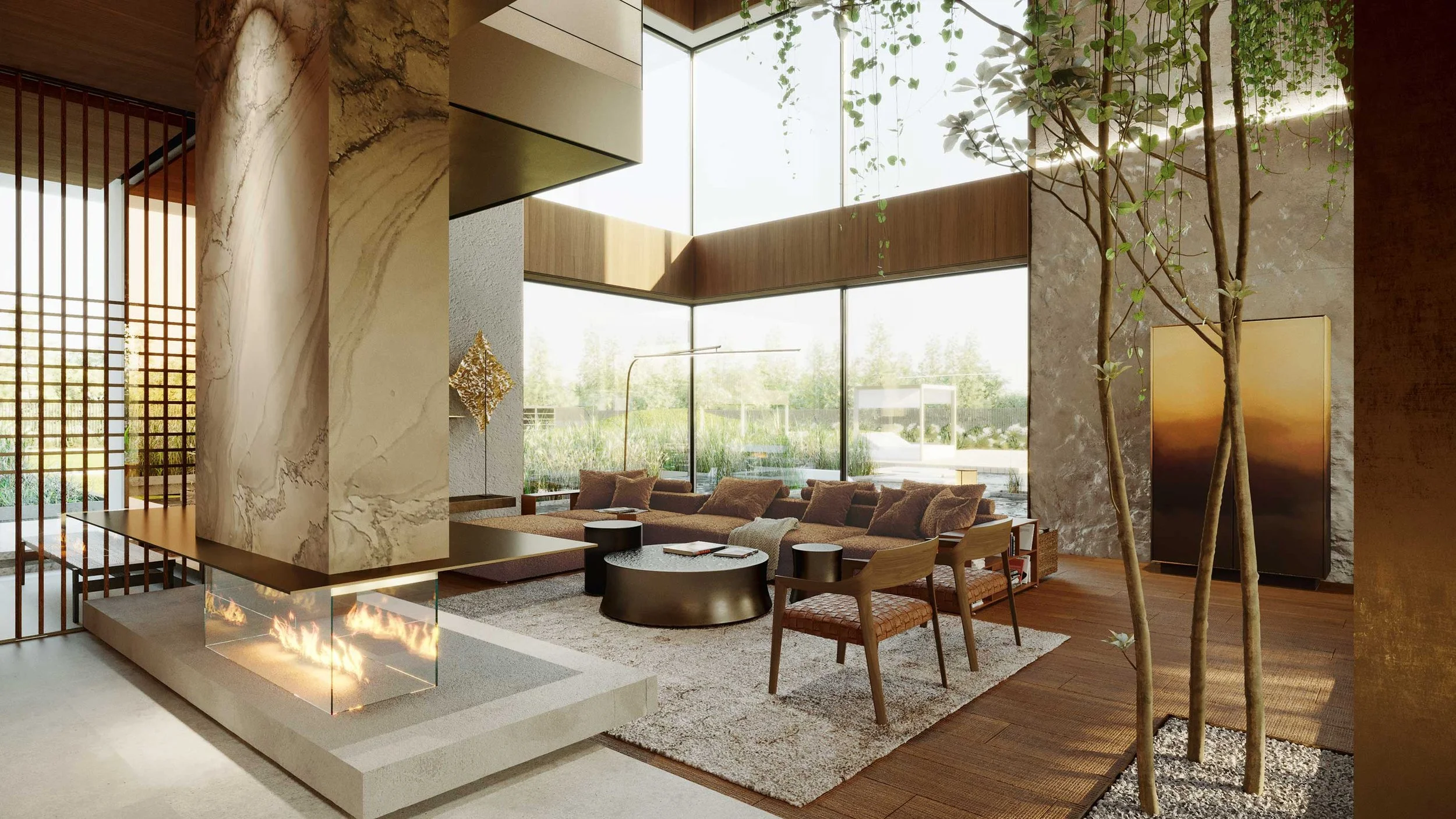 Modern living room with large floor-to-ceiling windows, a fireplace with a glass barrier, a sectional sofa, coffee tables, and indoor trees.