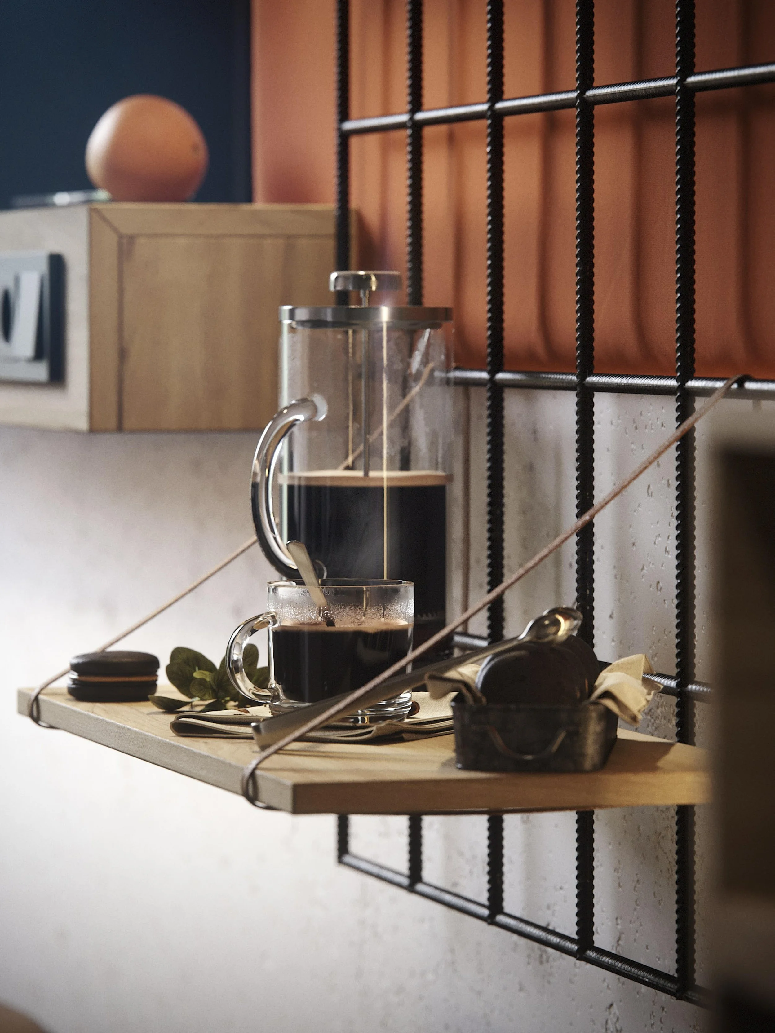Moxy Hotel guest room detail of wooden shelf with French press coffee maker, decorative sphere, leather accessories, and black metal grid partition