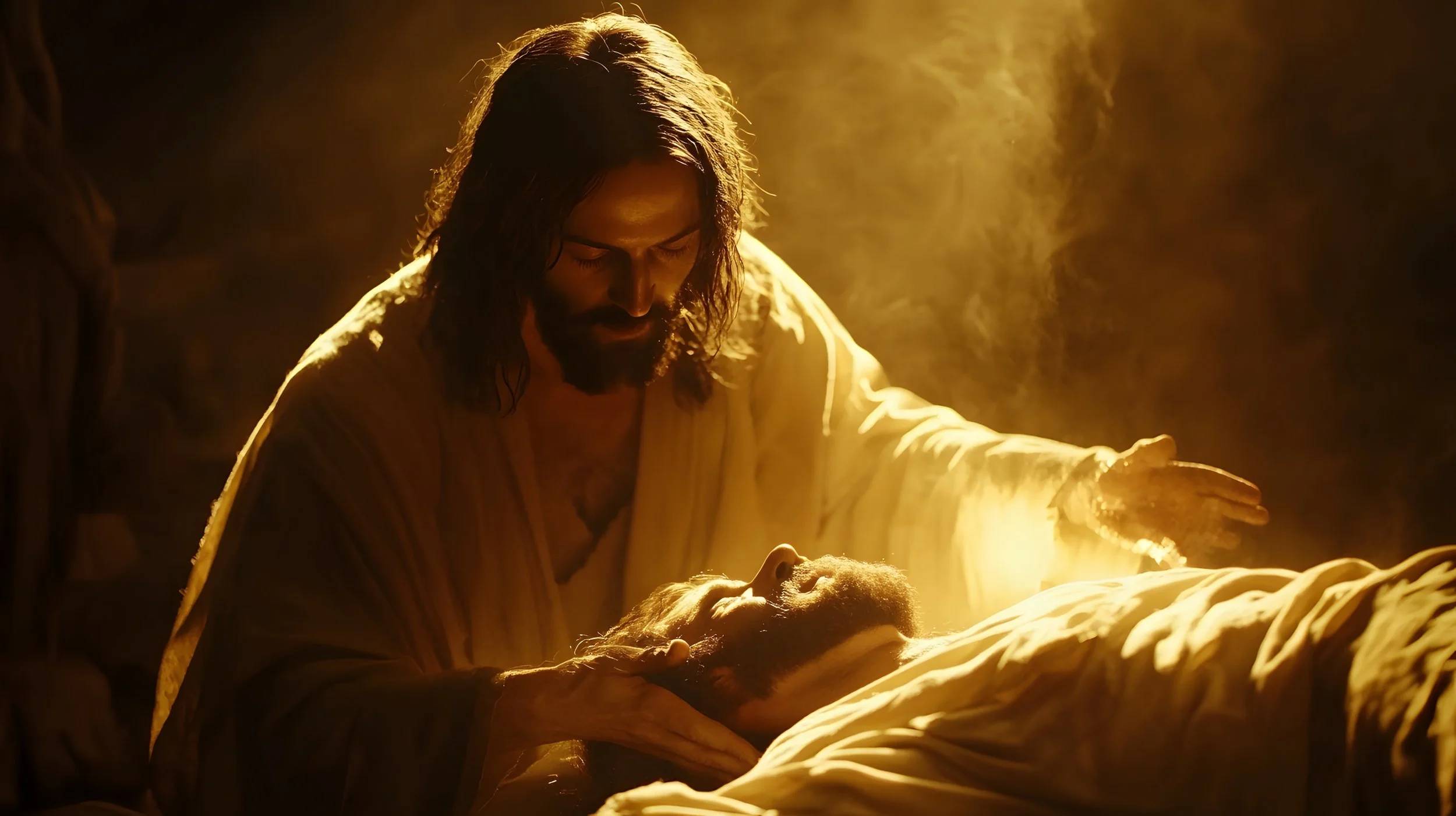 A bearded man in robes gently holding another person's head, both dressed in light-colored robes, illuminated by soft, warm light.