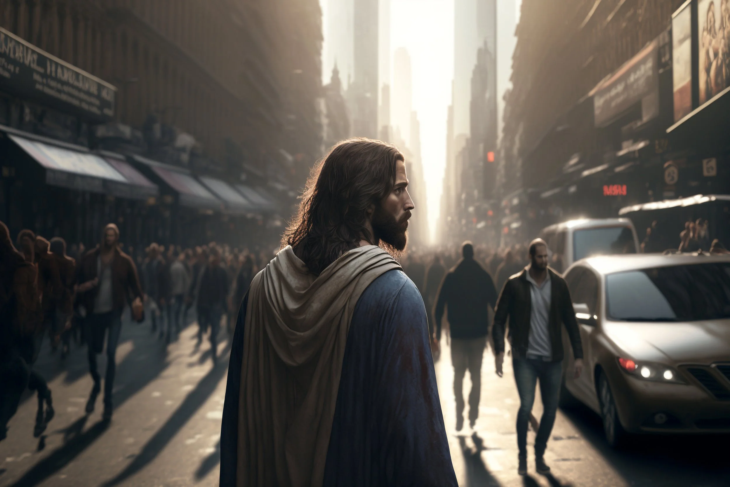 A man with long hair and a cloak stands on a crowded city street, surrounded by pedestrians and cars, with tall buildings in the background.
