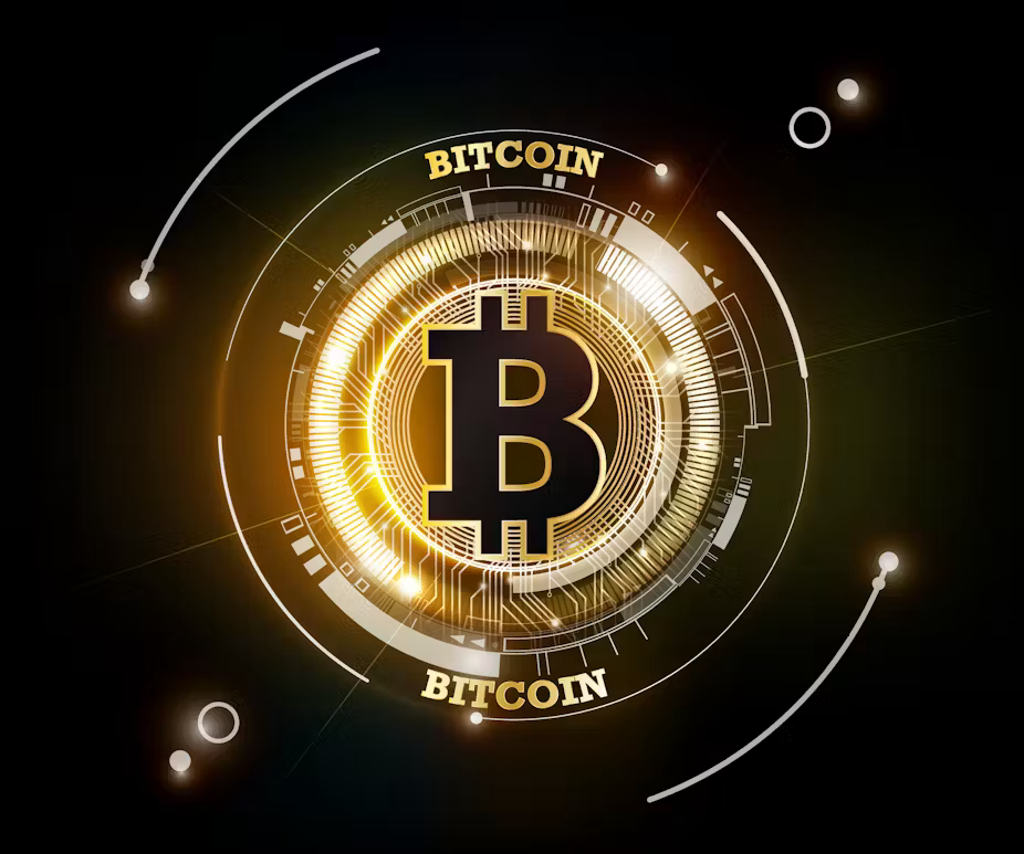 Digital graphic of a Bitcoin symbol surrounded by futuristic circular designs with the words 'Bitcoin' written above and below.