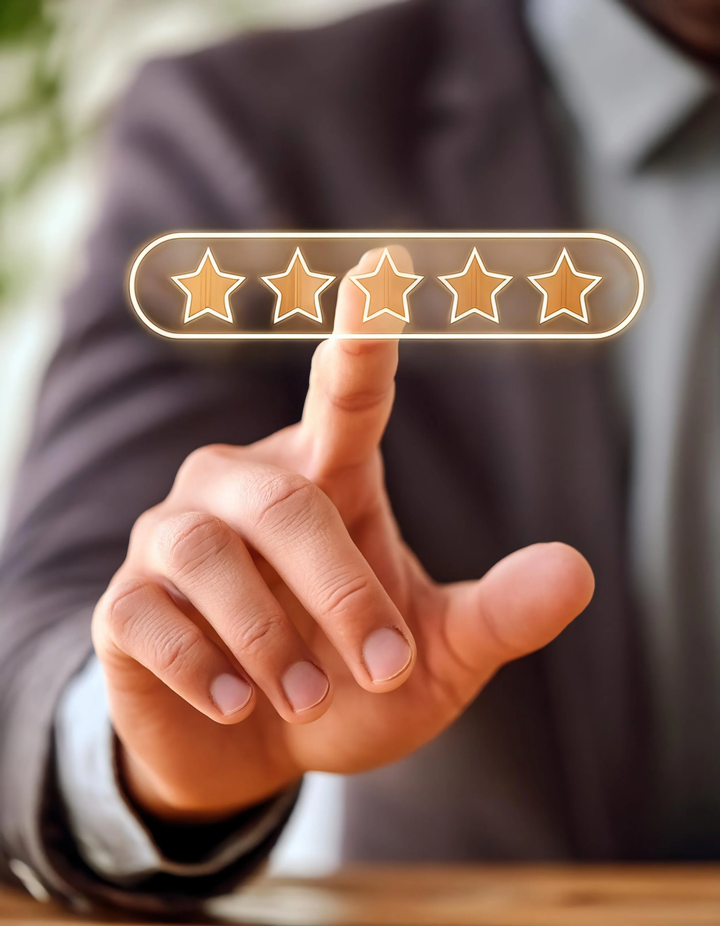 Person touching a digital five-star rating on a touchscreen
