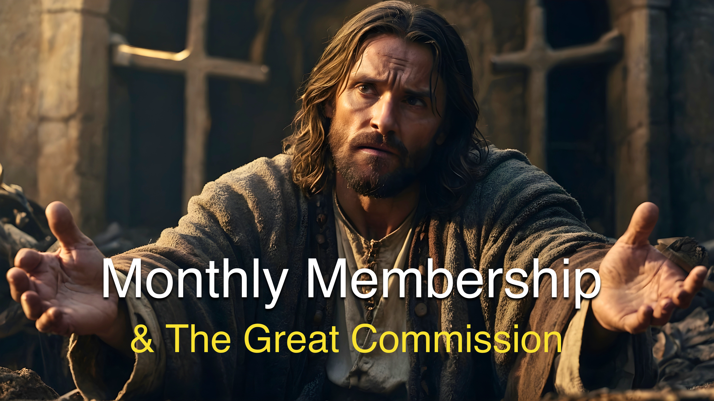 A man with long hair and a beard extends his hands in a gesture. Text reads "Monthly Membership & The Great Commission." The background features an ancient stone structure with crosses.
