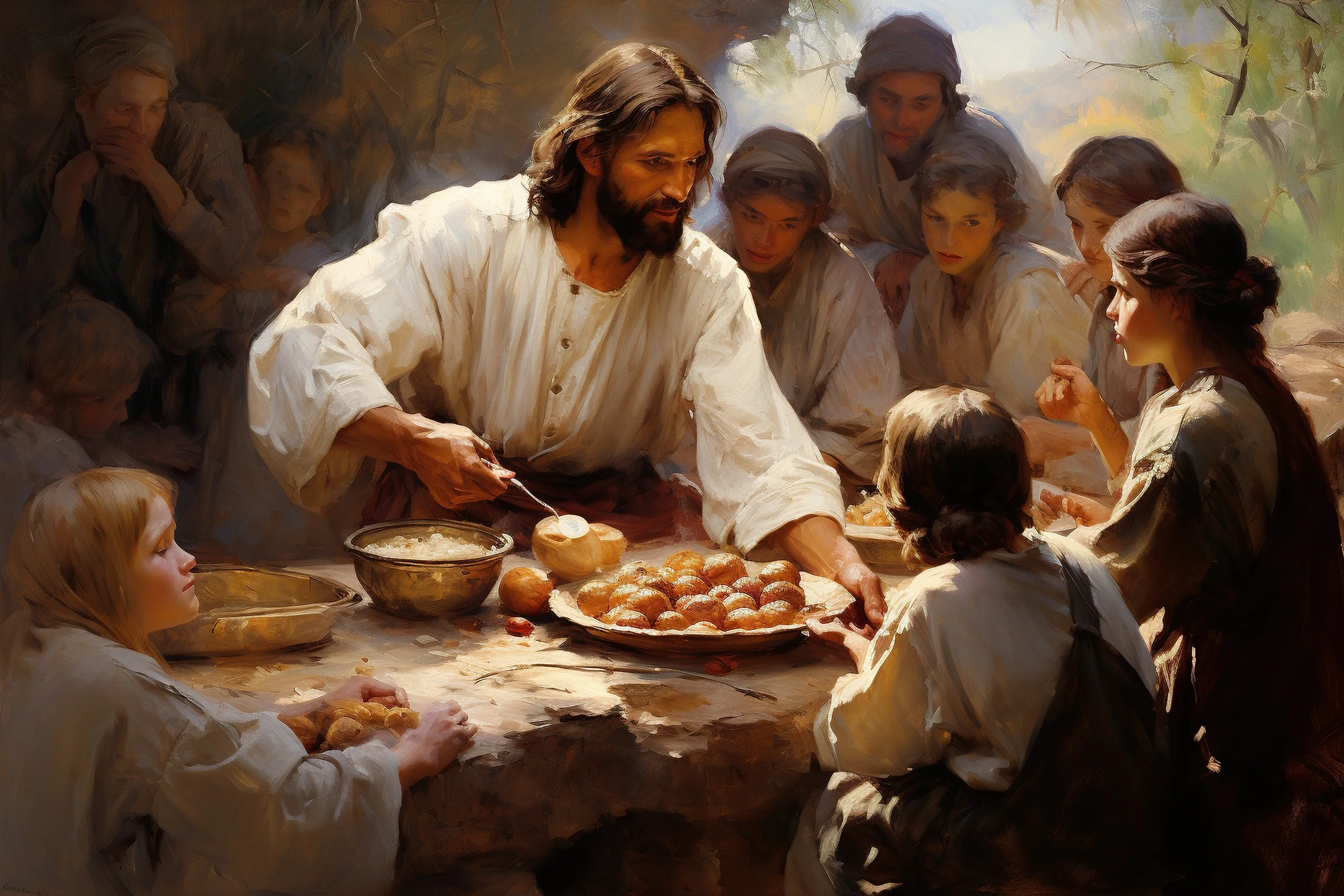 A group of people gathered around a table sharing food in a serene outdoor setting, with a central male figure distributing bread.