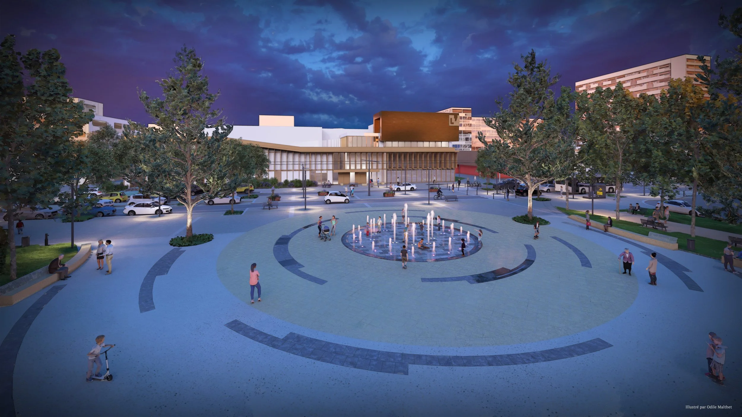 Vue photoréaliste du futur aménagement de la Place du Maréchal Juin - Rillieux-La-Pape (69) - Vue aérienne de soirée