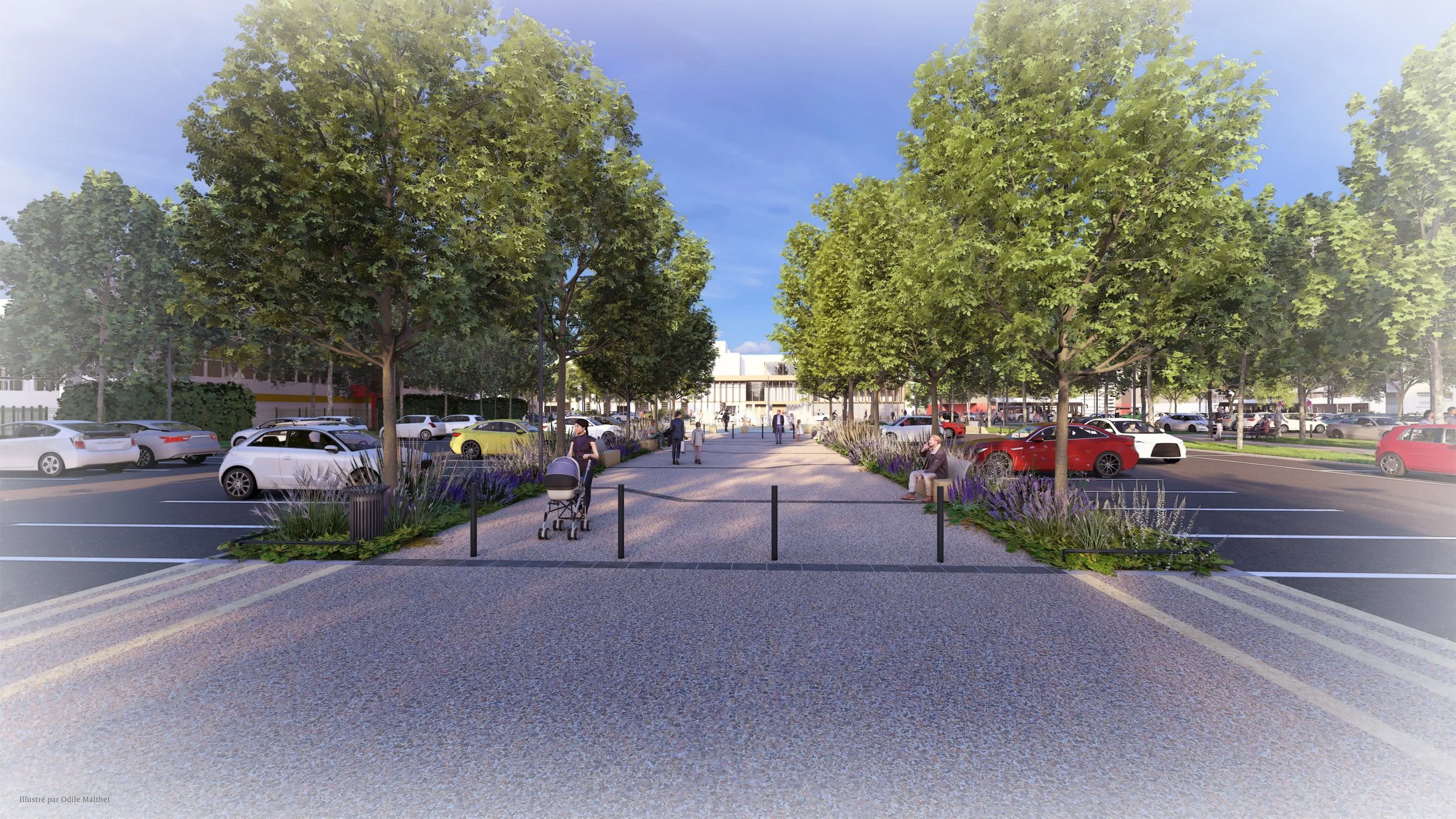 Vue photoréaliste du futur aménagement de la Place du Maréchal Juin - Rillieux-La-Pape (69) - Vue à hauteur d'yeux