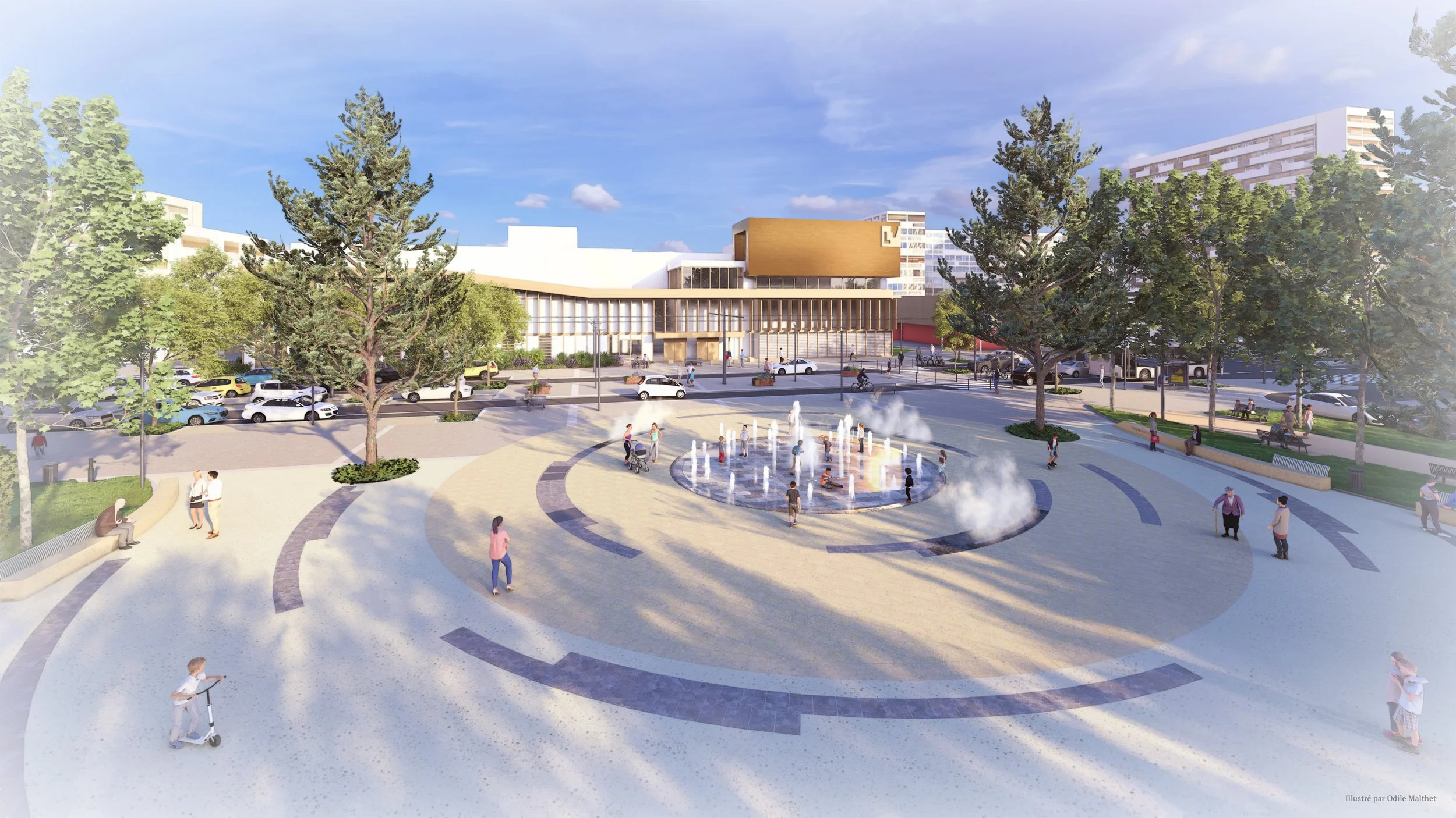 Vue photoréaliste du futur aménagement de la Place du Maréchal Juin - Rillieux-La-Pape (69) - Vue aérienne