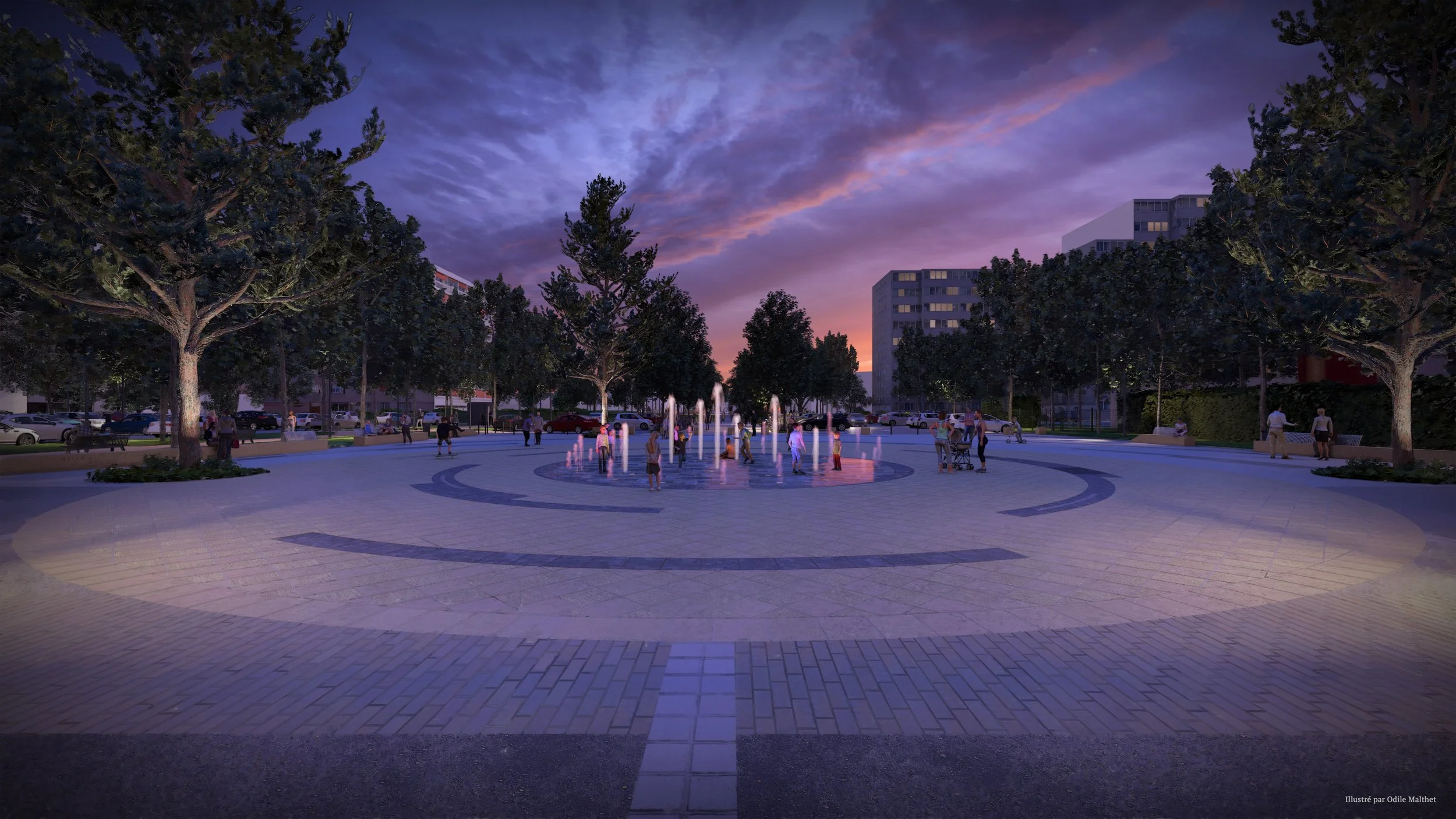 Vue photoréaliste du futur aménagement de la Place du Maréchal Juin - Rillieux-La-Pape (69) - Vue à hauteur d'yeux de nuit