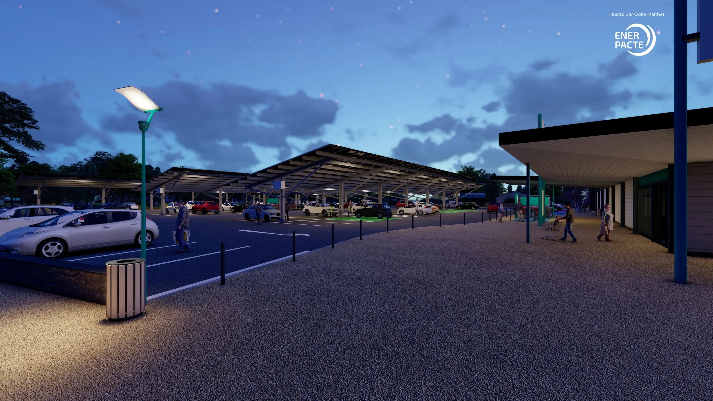 Perspective photoréaliste de l'implantation des ombrières photovoltaïques sur un parking de supermarché - Simulation de nuit