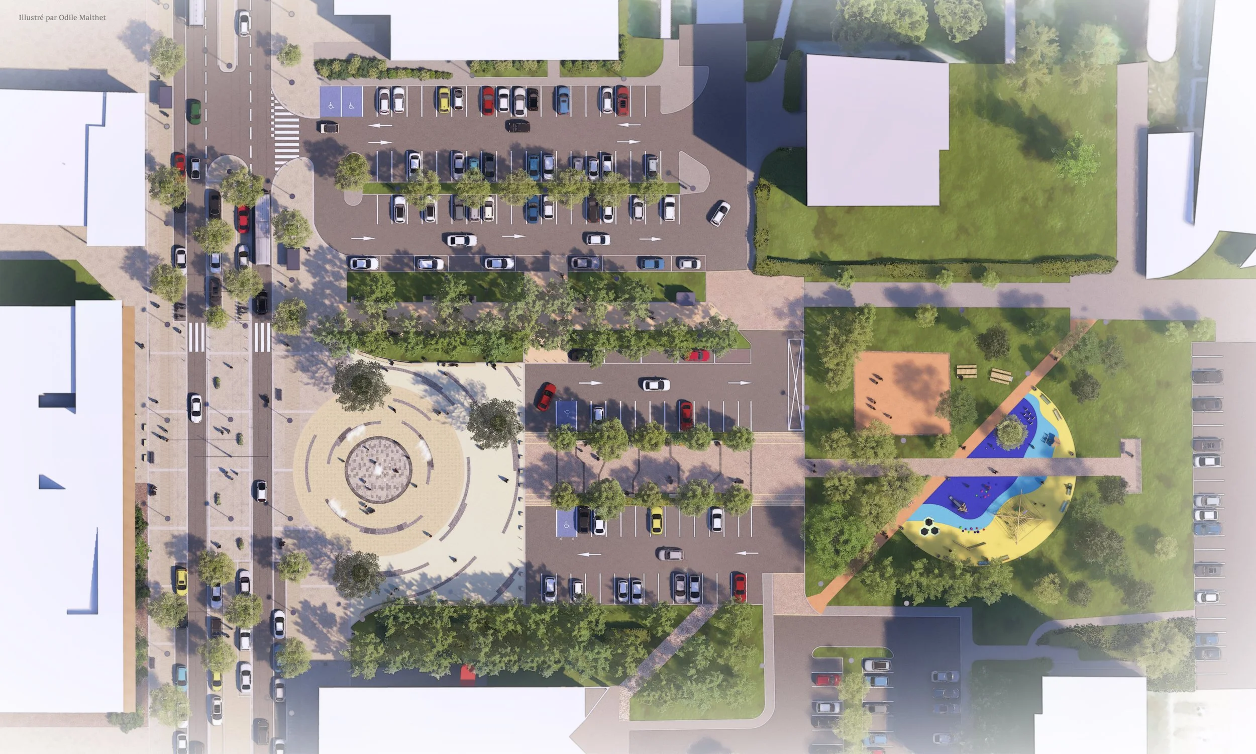 Vue photoréaliste du futur aménagement de la Place du Maréchal Juin - Rillieux-La-Pape (69) - Vue en plan