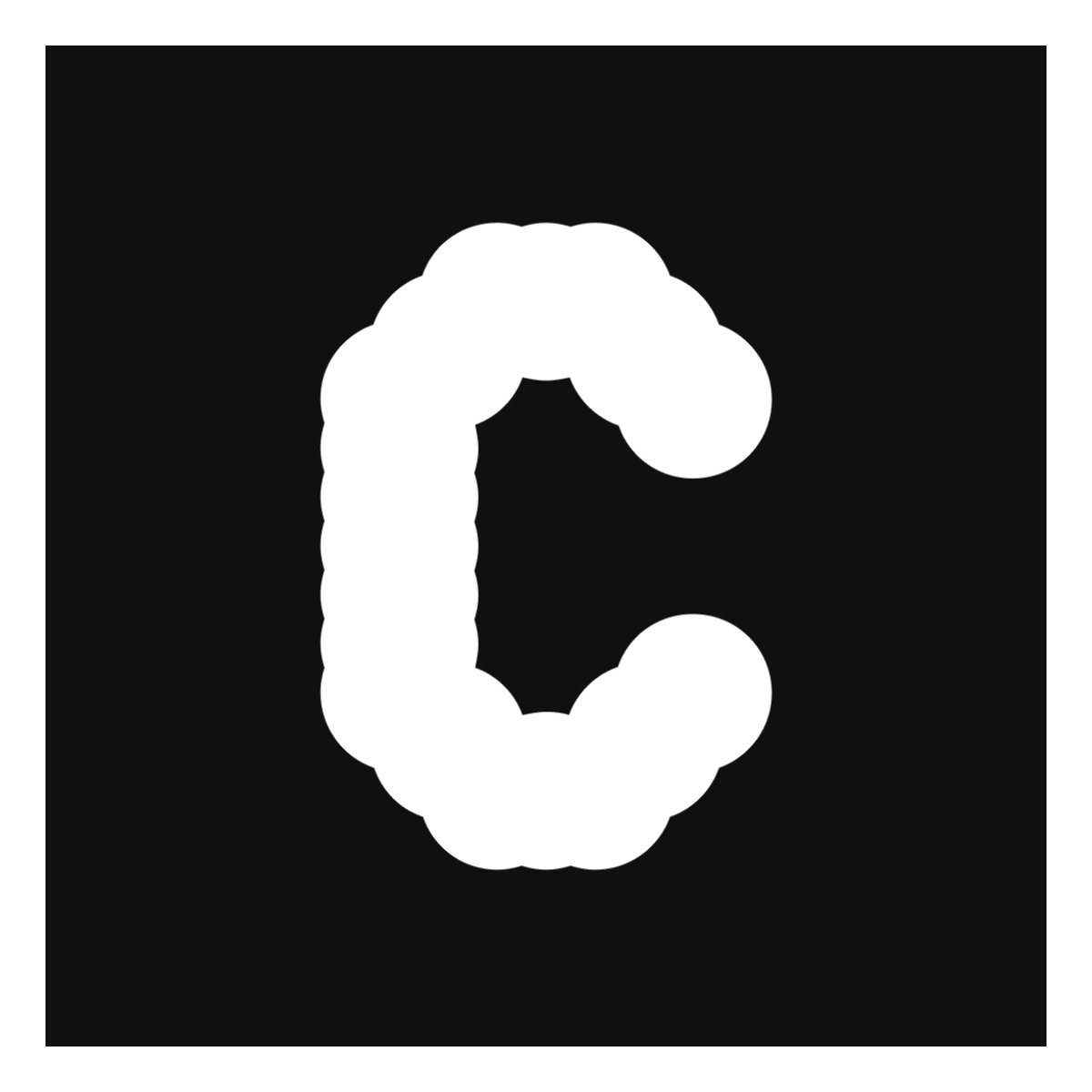 White letter C made of rounded dots on a black background.