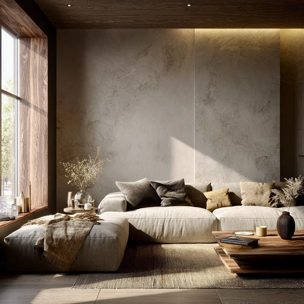 A cozy living room with a large beige couch adorned with gray and mustard pillows, a wooden coffee table with books and vases, a side table with decorative items, a large window with wooden trim, and textured walls with warm lighting.