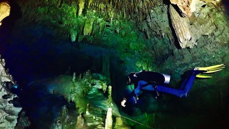 Stalactites and limestone formations inside Dreamgate cenote near Tulum — BBC Planet Earth filming location