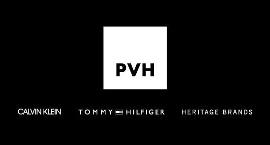 Black background with white logo and text for PVH Corp., including Calvin Klein, Tommy Hilfiger, and Heritage Brands.