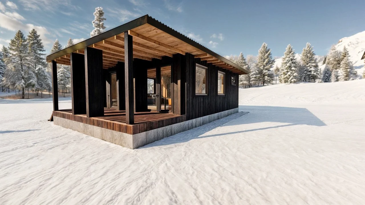 Modern black cabin in snowy landscape with pine trees and blue sky.