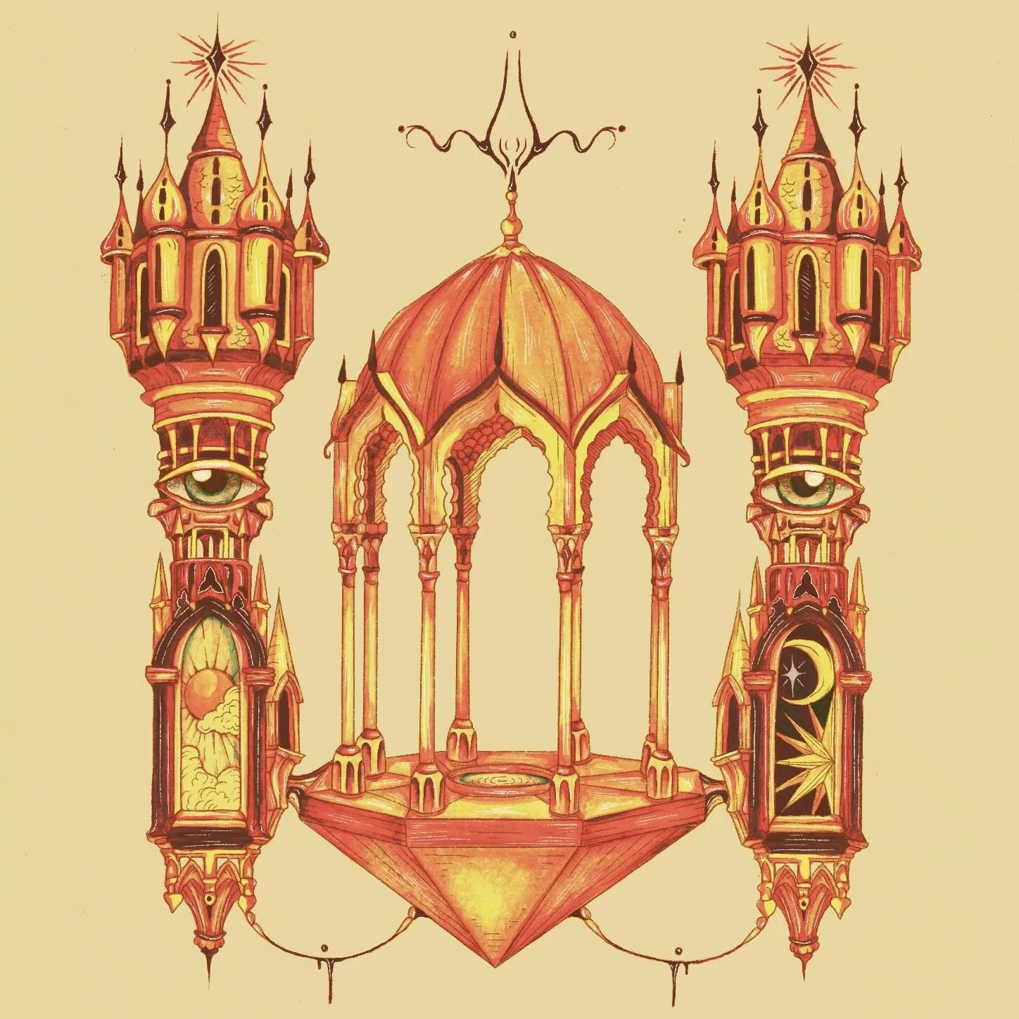 An ornate, surreal structure resembling a castle or cathedral with two towers and a central dome, decorated with eyes, stars, and celestial motifs, in shades of orange and yellow.