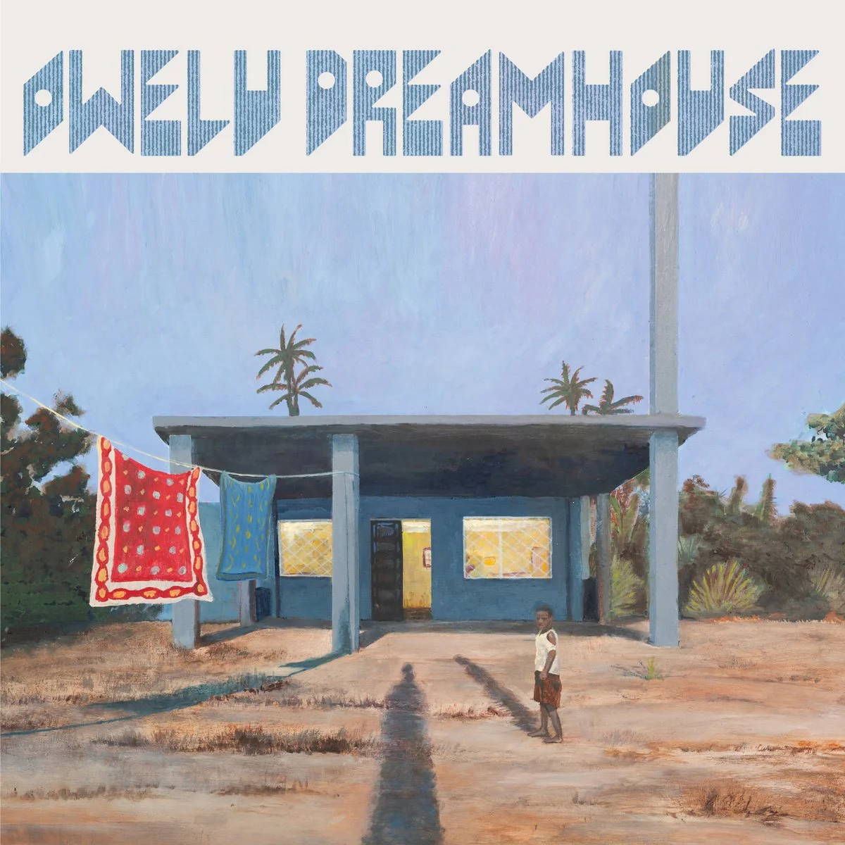 Painting of a simple house with a front porch, surrounded by desert landscape, two palm trees, and laundry hanging on a clothesline. A young boy stands in the foreground.