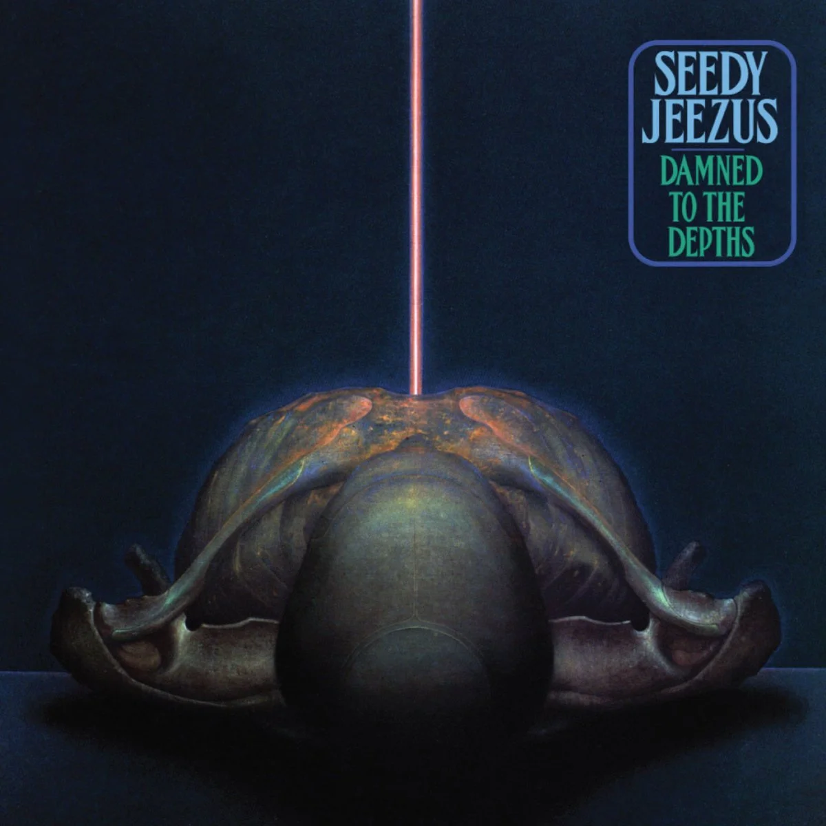Album cover art featuring a brown skull with a neon pink vertical line above it, against a dark background. Title in the top right corner reads 'Seedy Jeezus Damned to the Depths' in stylized text.