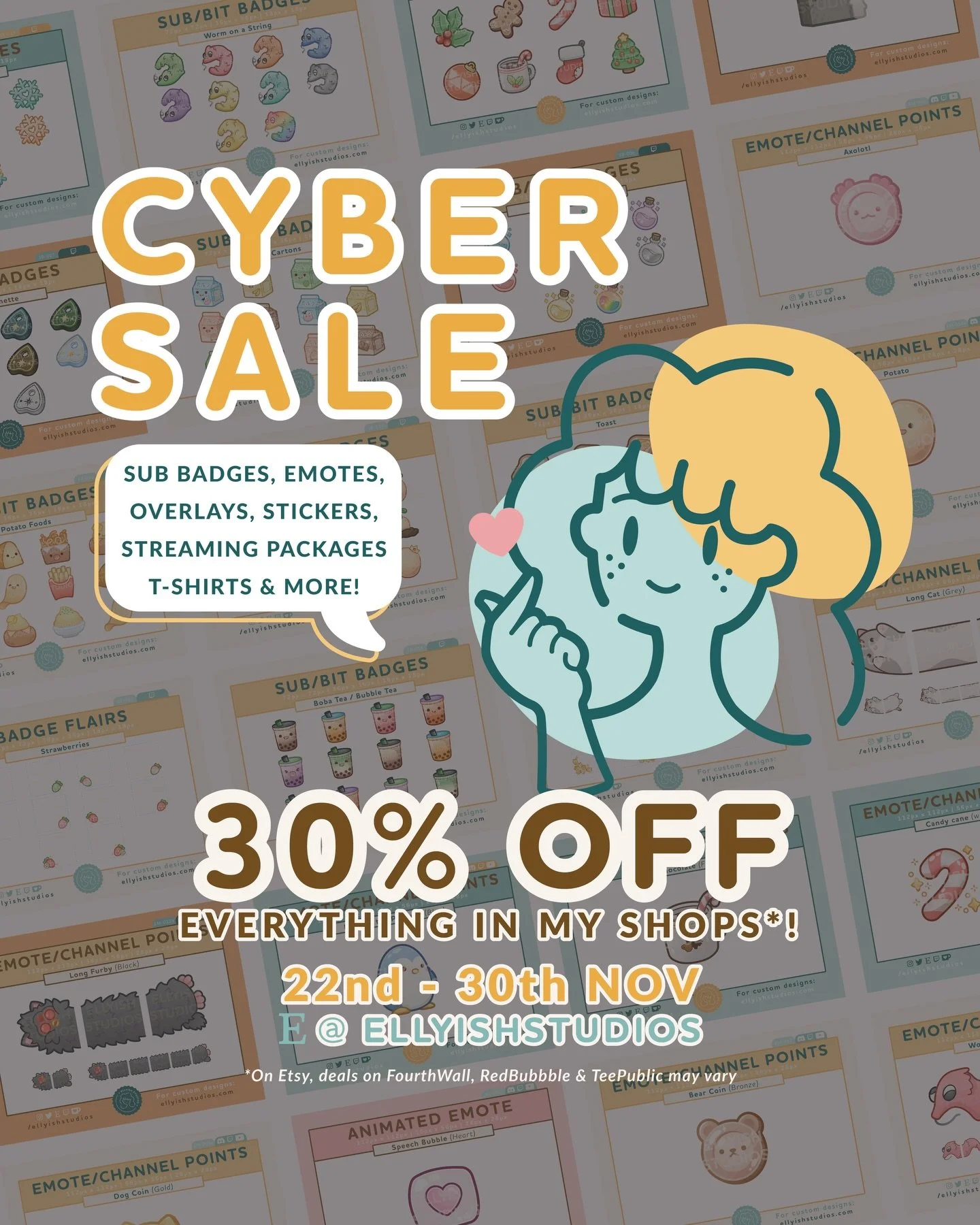 Sorry for the delay I had 2 family emergencies in a week. ANYWAY this is my biggest sale of the YEAR! There&rsquo;s 30% off Streaming Assets over on Etsy. Sub Badges, Badge Flairs, Emotes, Overlays and even full Animated Streaming Packages! If you&rs