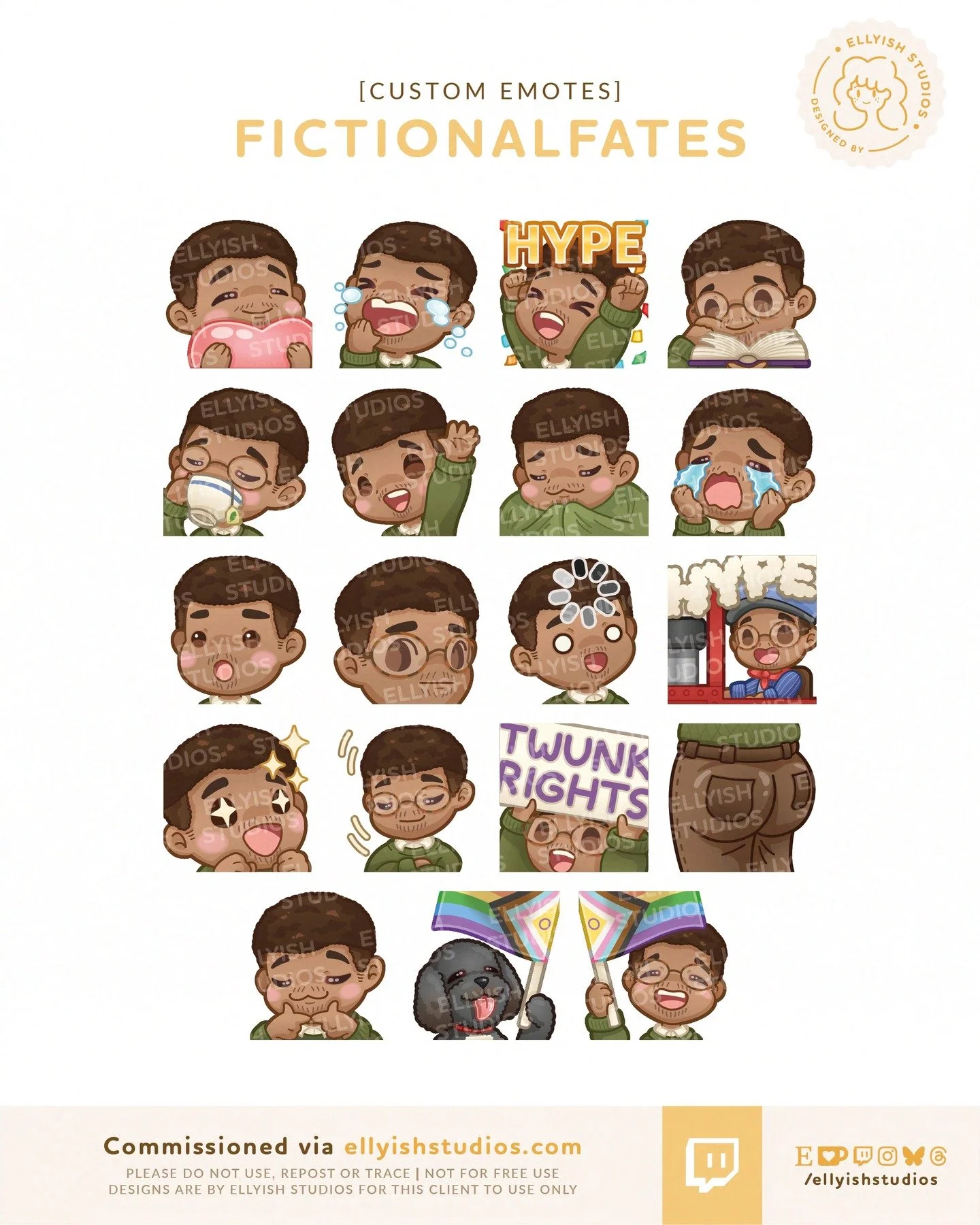 I had the honour of working with @fictionalfates to create a variety of assets for his Twitch channel, including all these adorable emotes. Thank you so much Joel. If you love RPG's and books I highly recommend his channel and content.
&mdash;-
Want 