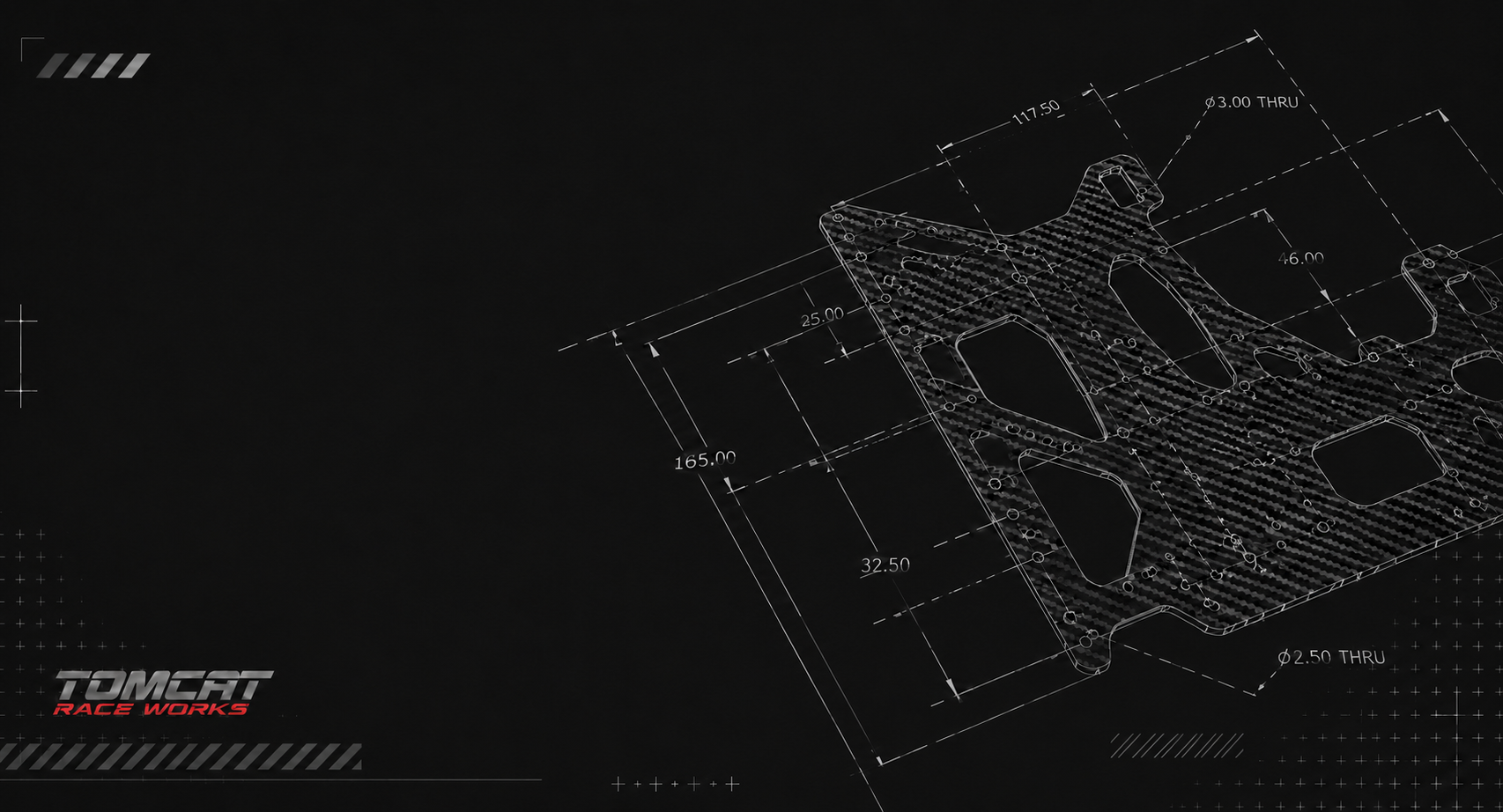 Technical drawing of a racing car part with measurements and design details, branded with Tomcat Race Works logo.