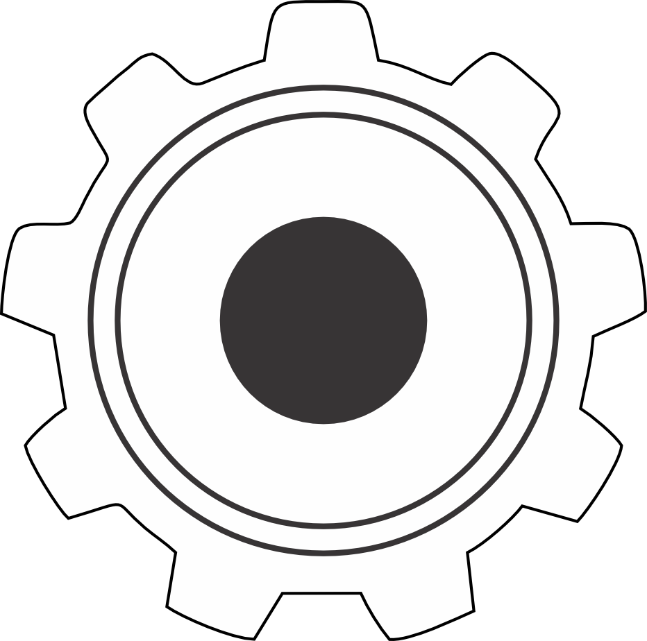 A black and white graphic illustration of a gear or mechanical cogwheel.