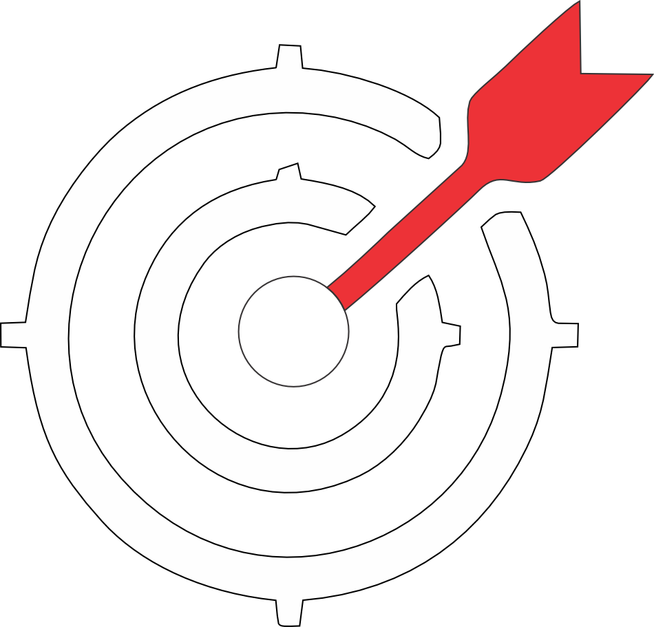 A black background with concentric white circles resembling a target, and a red arrow hitting the bullseye.