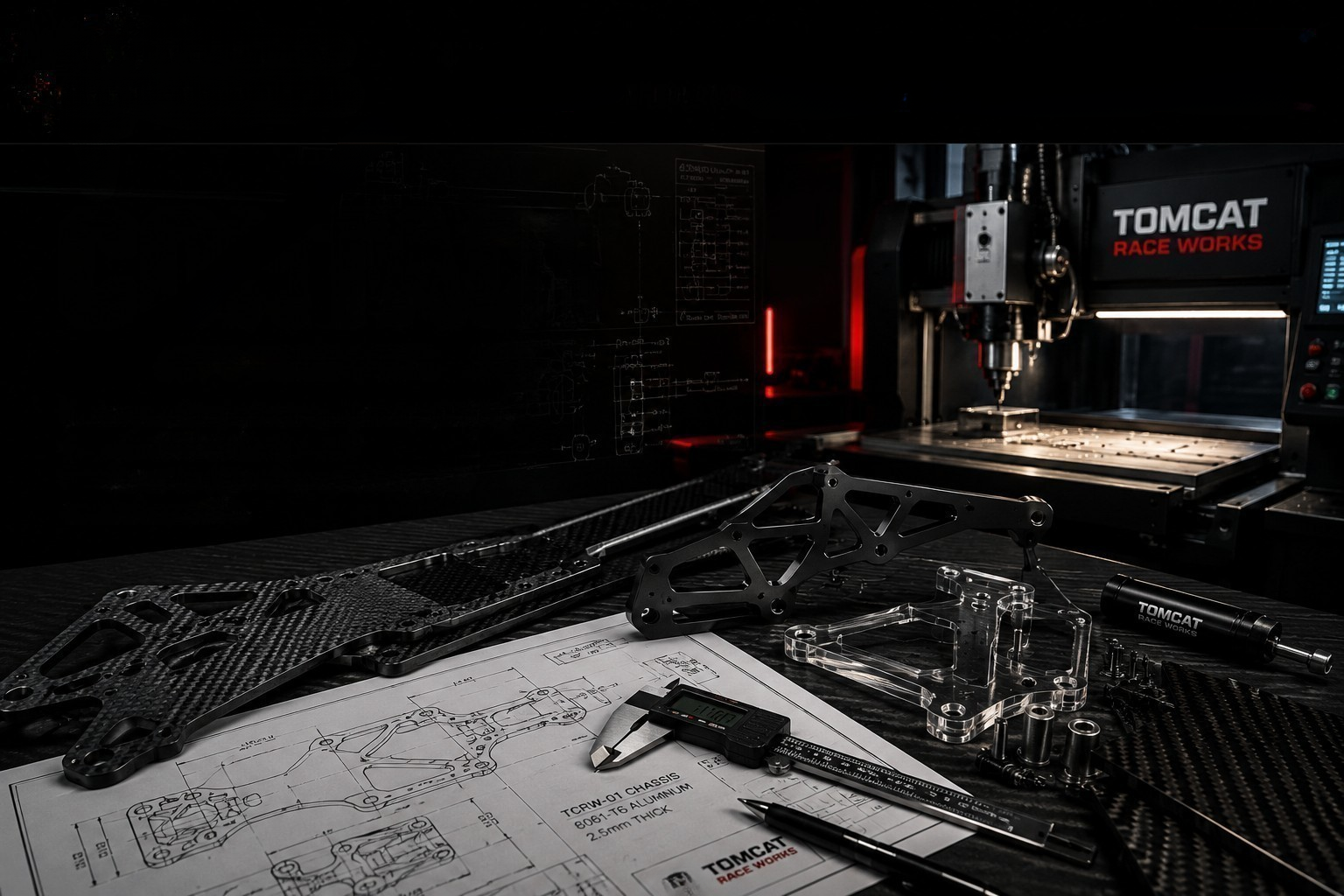 Workstation with mechanical parts, mechanical drawings, and precision tools, in front of CNC machine labeled 'TOMCAT RACE WORKS'.