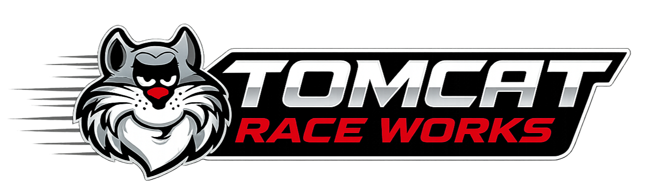 Logo for Tomcat Race Works featuring a stylized tomcat mascot with a fierce expression, black eye mask, and a red nose, with the name 'Tomcat Race Works' in bold letters.