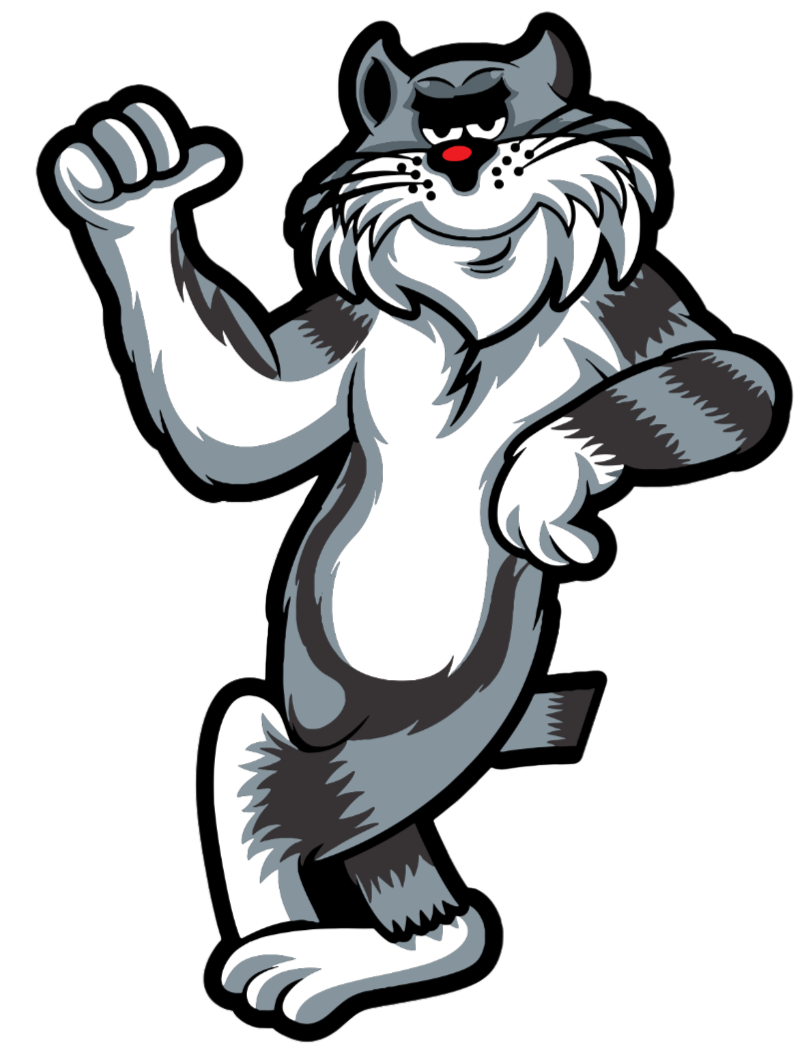 A cartoon pride mascot character, a muscular anthropomorphic bobcat standing on one leg with one arm raised and a clenched fist, smiling confidently.
