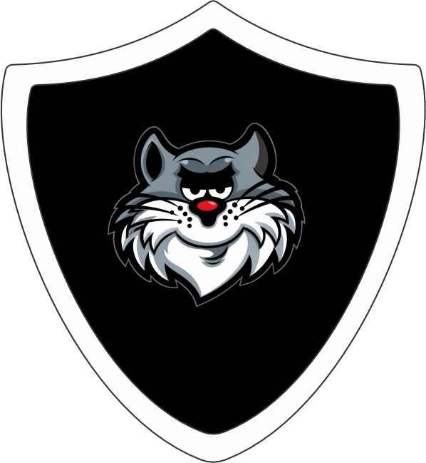A black shield with a white outline featuring a stylized, grumpy-looking wolf's head with gray fur, a red nose, and black eyes in the center.
