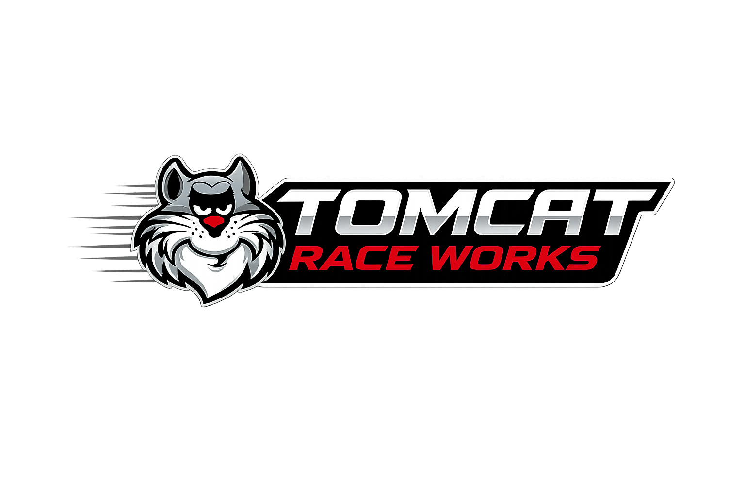Logo for Tomcat Race Works featuring a stylized tomcat with an angry expression, black mask, and red nose, with the company name in bold white and red text on a black background.